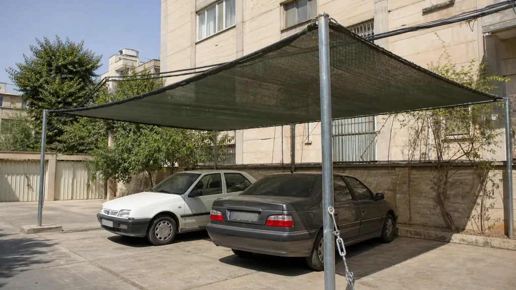 سایه‌بان توری شید برای دو خودروی سواری در پارکینگ تهران